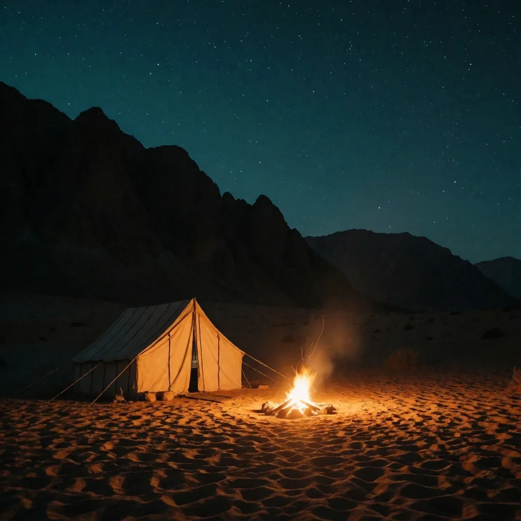 Desert camp at night with mountains on the horizon