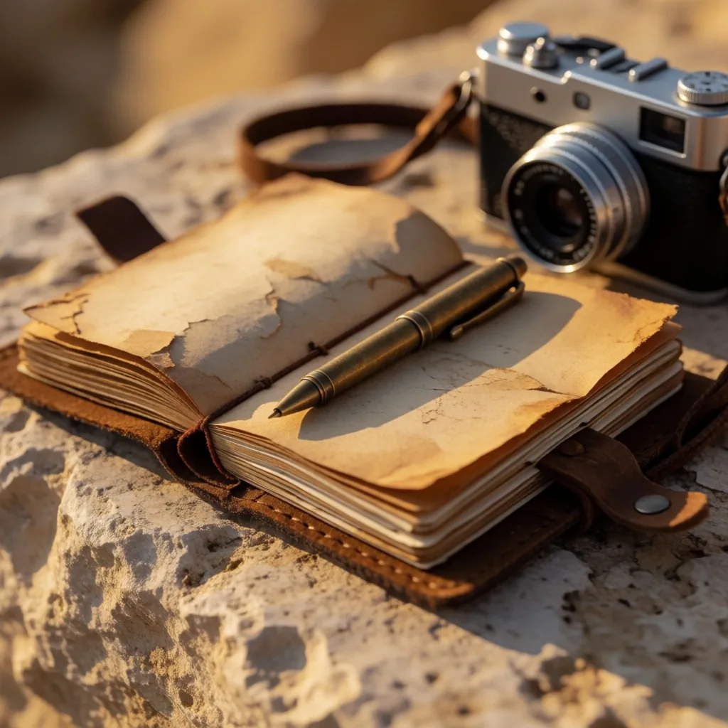 A traveler's open journal on stone