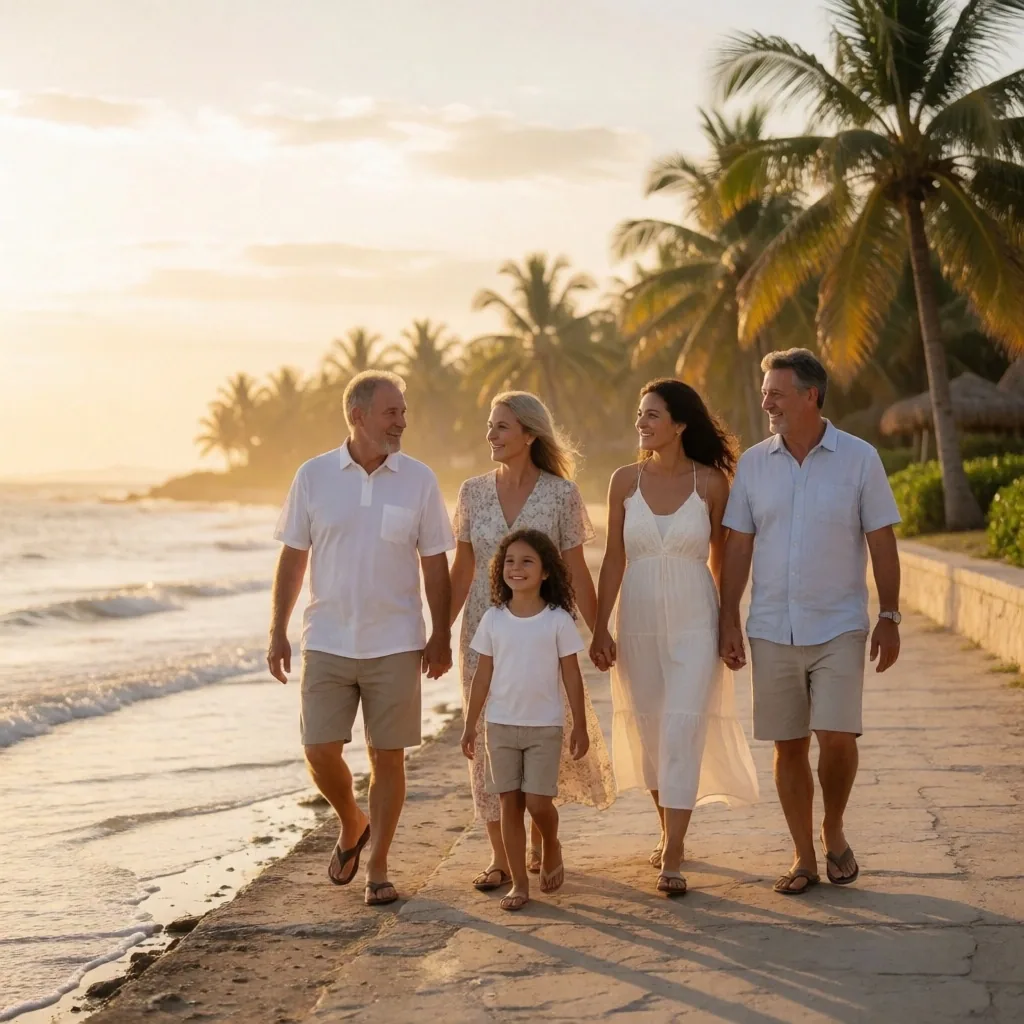 Family-friendly coastal promenade with palms and calm water