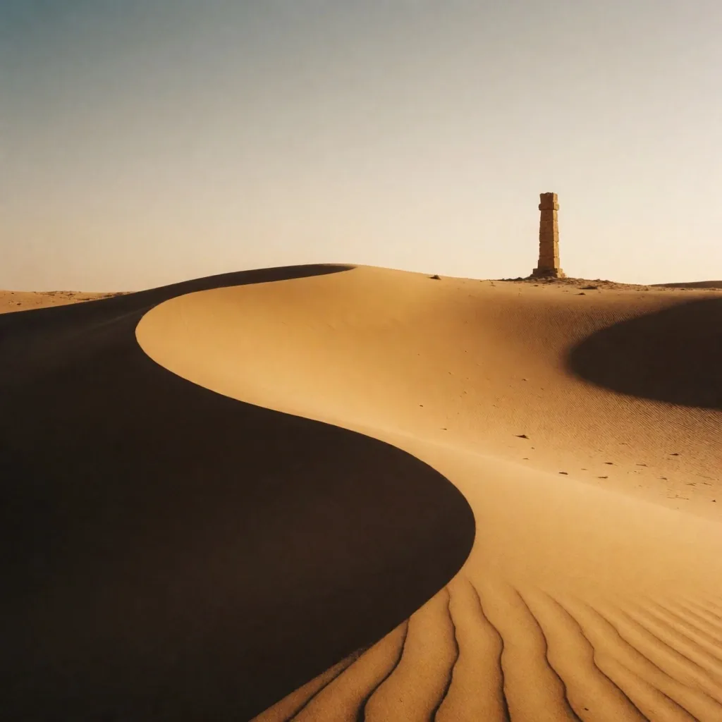 Minimalist high-contrast desert dunes at golden hour