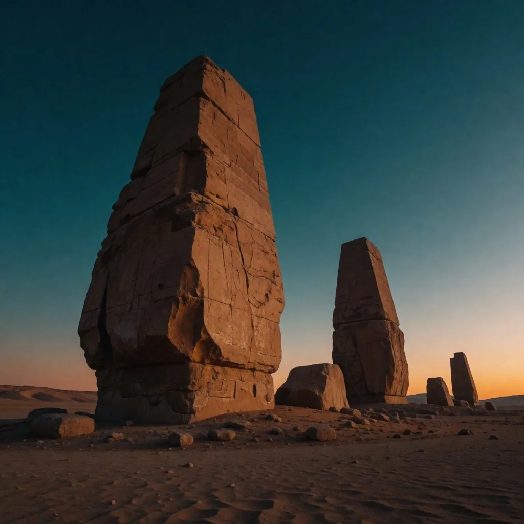 The Sands of Eternity at dusk with ancient stone silhouettes against the sky