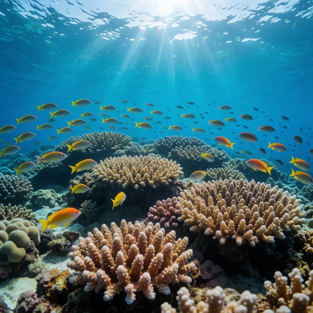 Vibrant underwater coastal scene with coral and fish