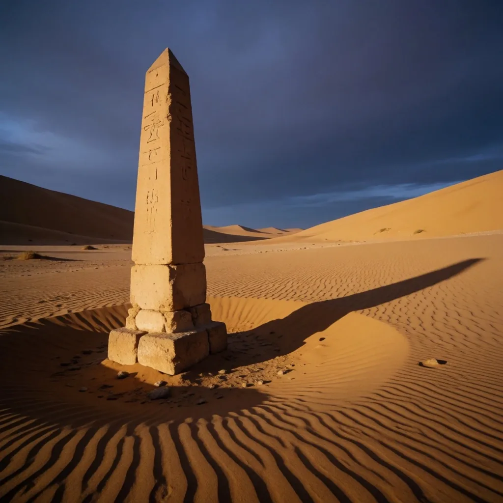 Fictionalized Egyptian desert landscape at dusk with dramatic carved stone formations