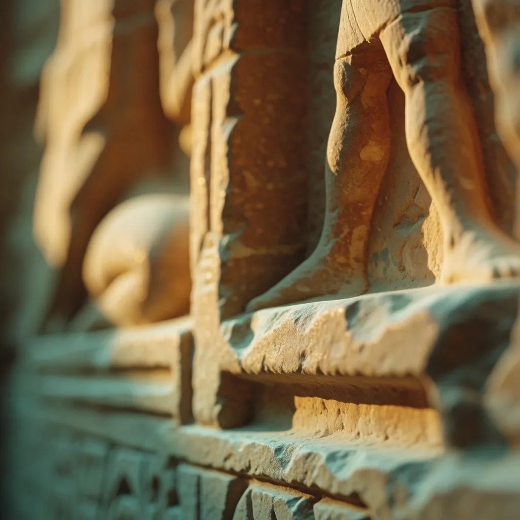 Fictionalized detail of weathered carved sandstone with warm raking light