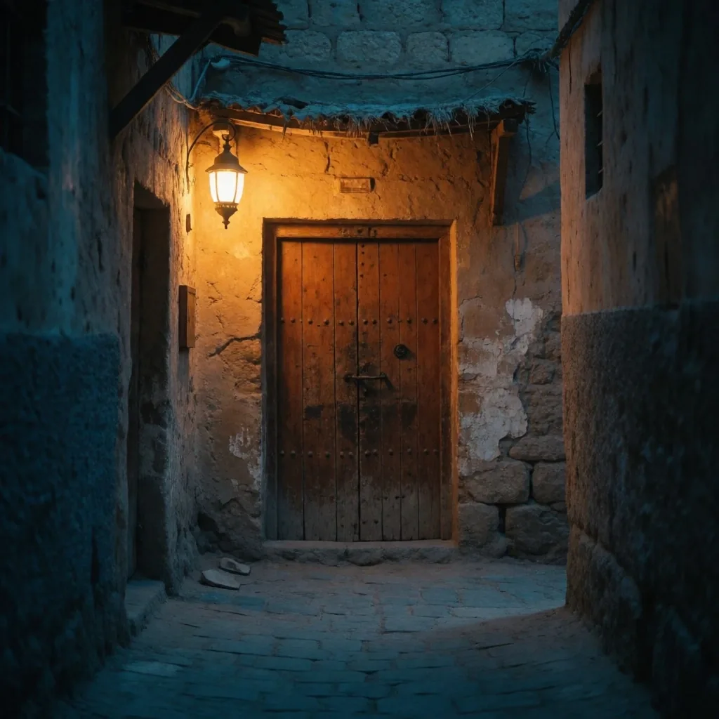 Fictionalized narrow stone alleyway in old Cairo at blue hour with warm lamp light
