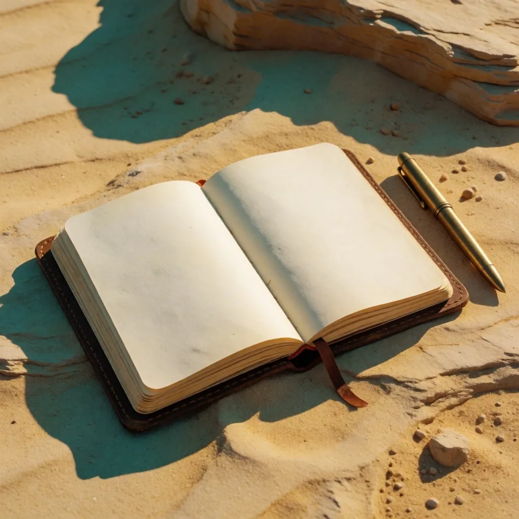 Open journal resting on weathered sandstone with a pen