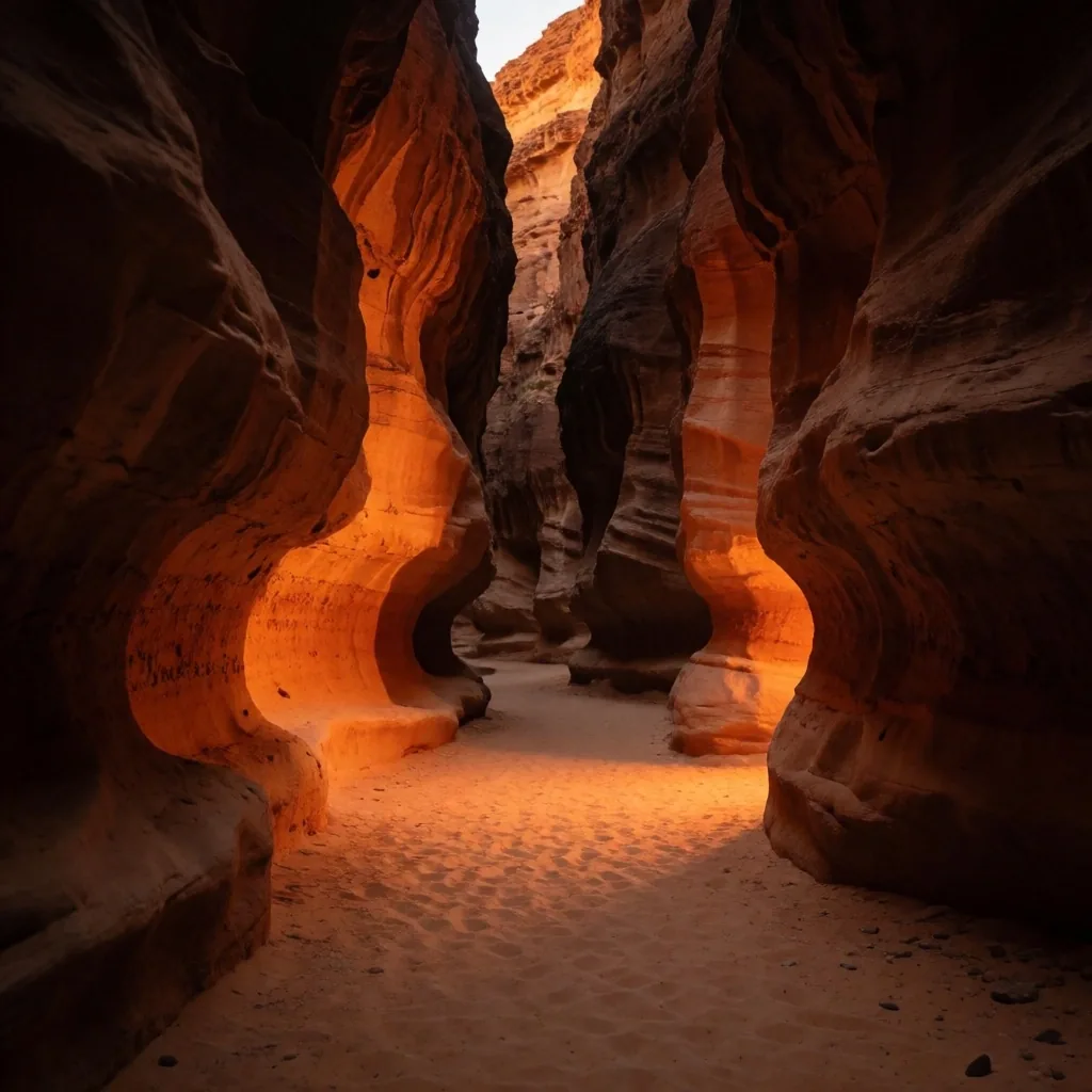 A narrow canyon path through sandstone cliffs at golden hour