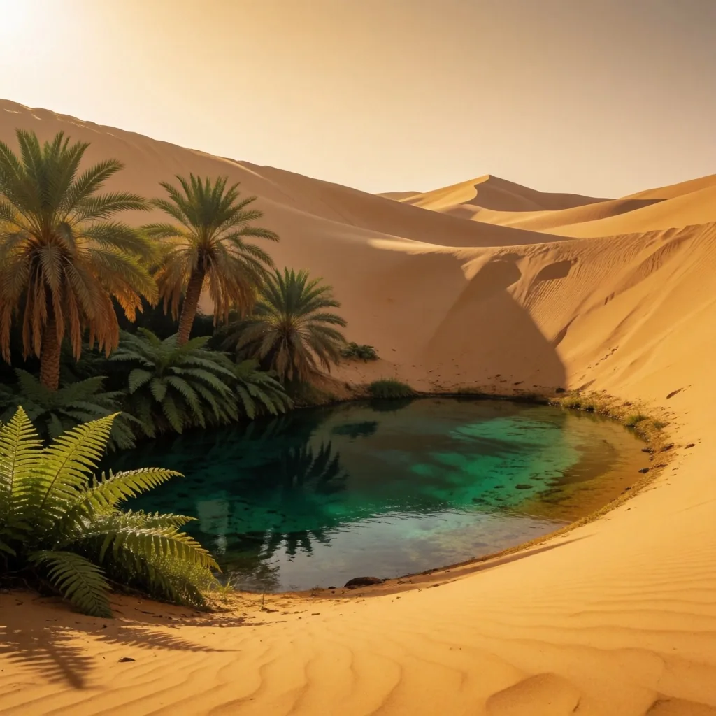 A desert oasis with turquoise spring and palms