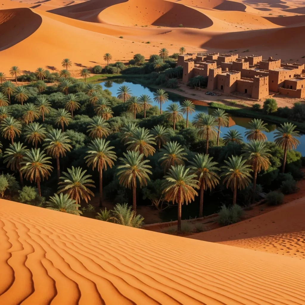 Aerial view of a desert oasis settlement