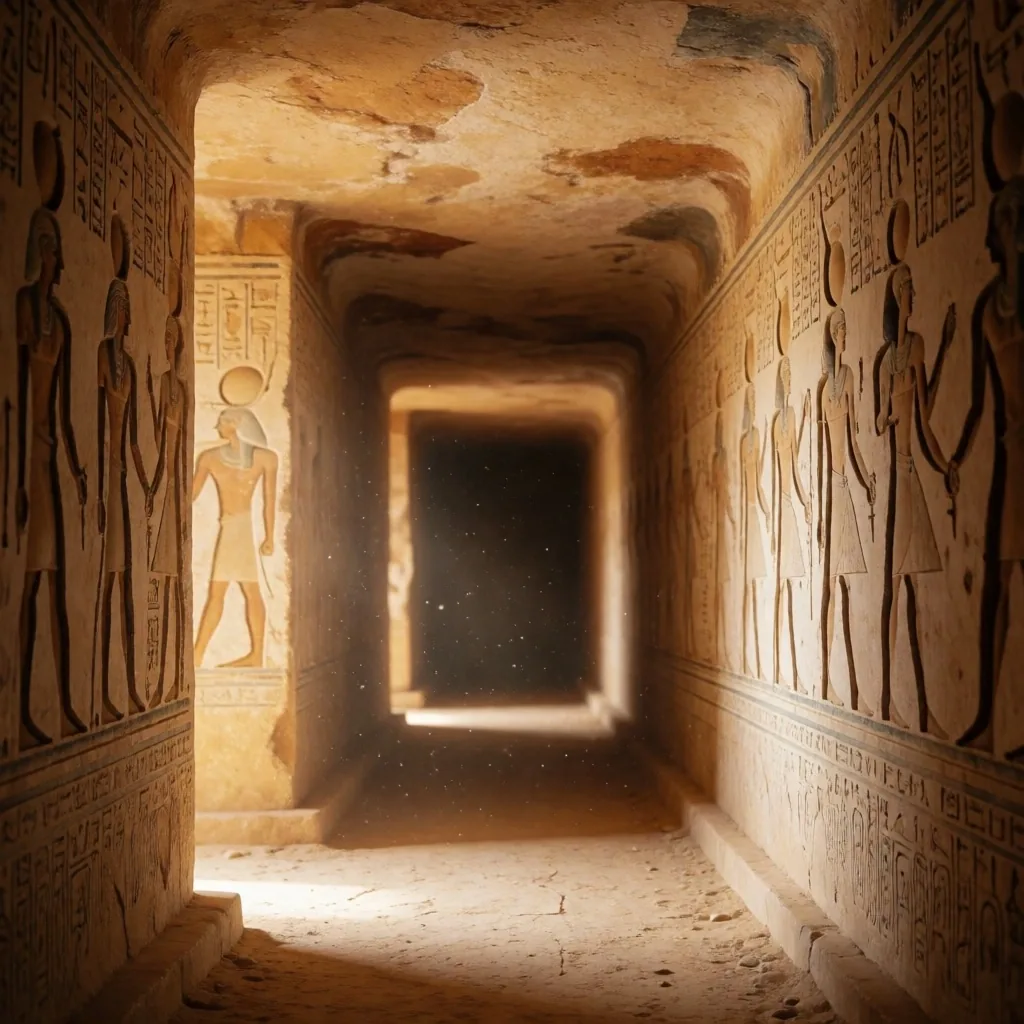 Ancient stone corridor with carved reliefs