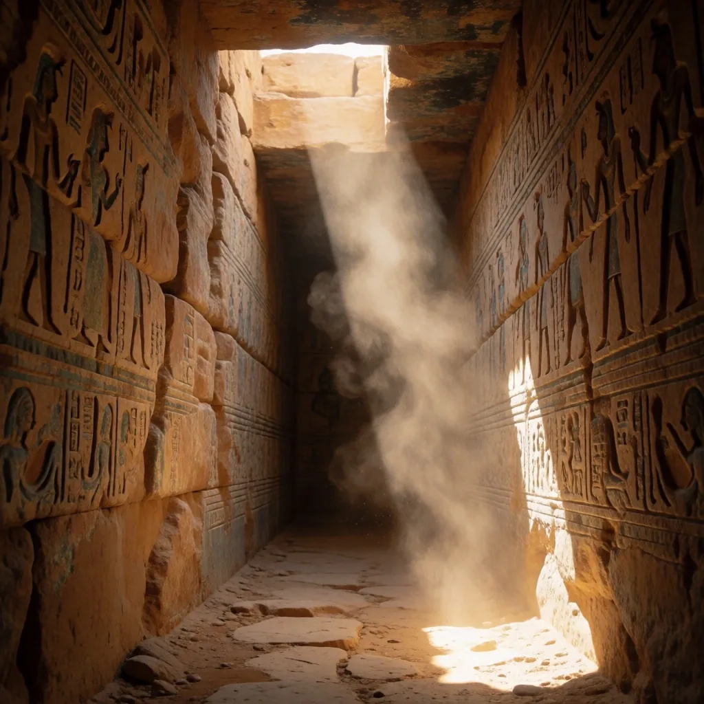 Interior of an ancient stone labyrinth corridor with a shaft of light