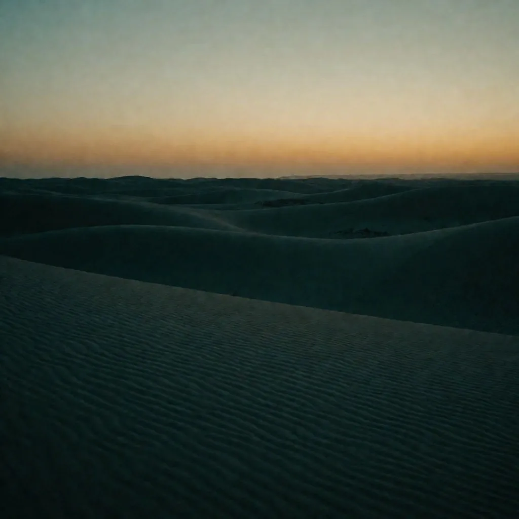 Egyptian desert landscape under a deep teal night sky