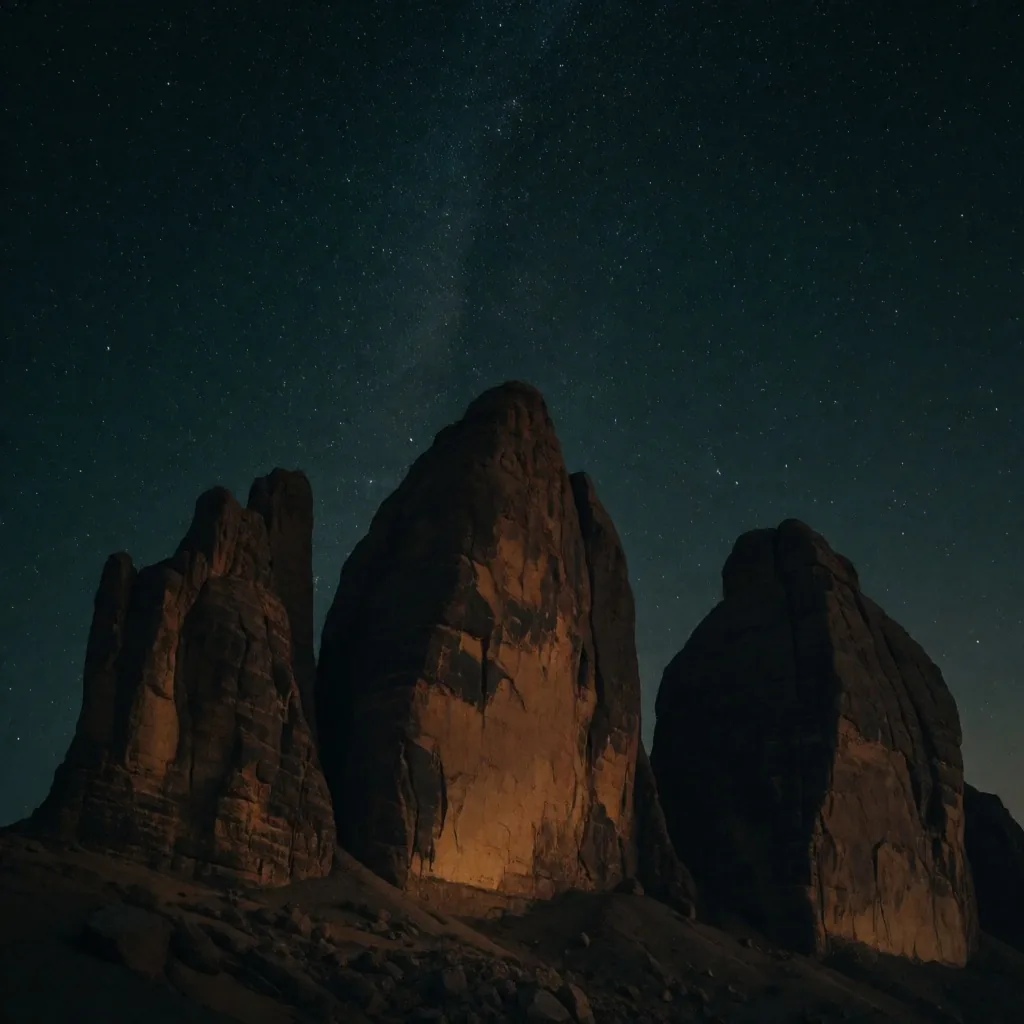 Ancient stone monuments under a star-filled desert night sky