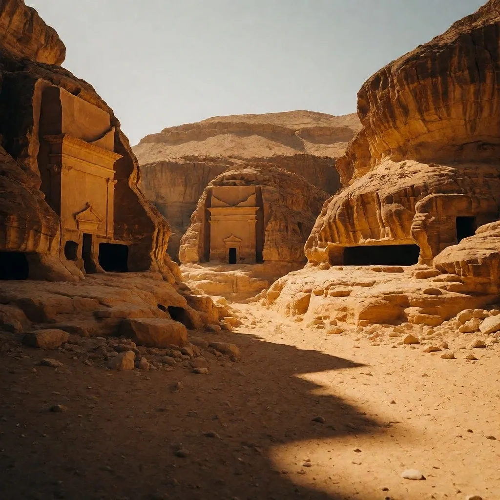 Secluded desert valley with rock-cut tomb entrances in golden cliffs