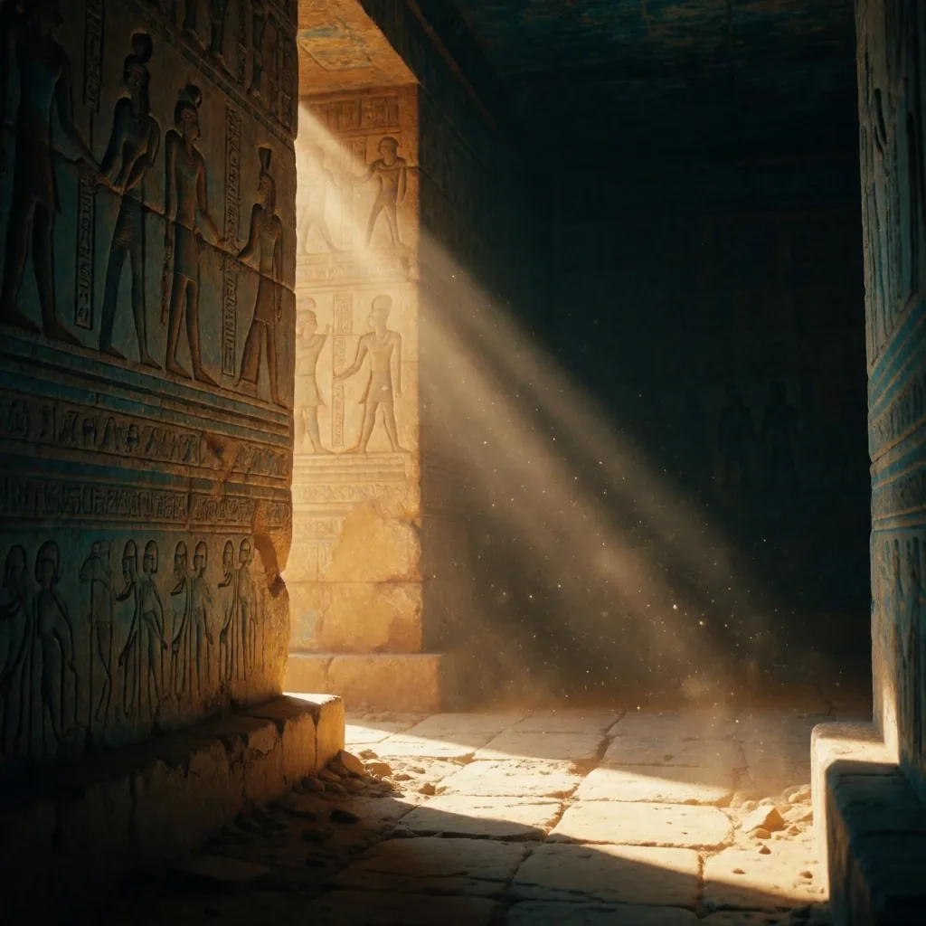 Sunlight shaft illuminating a deep stone temple sanctuary