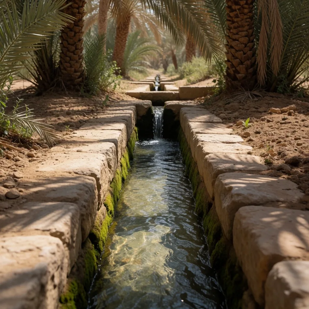 Date palm grove canopy with sunlight filtering through fronds