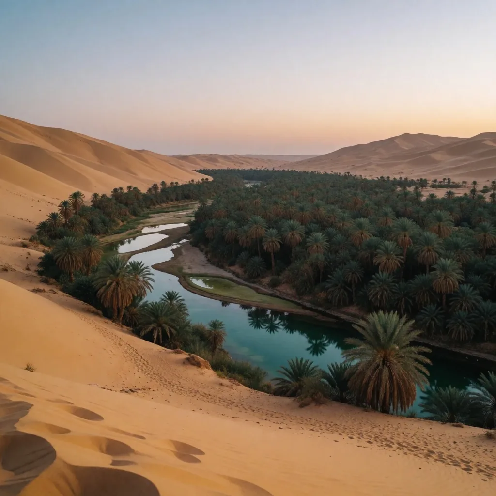 Emerald Oasis valley at dusk with palm groves and mineral springs