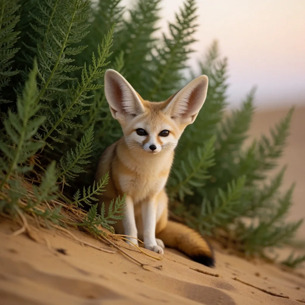 Fennec fox at the edge of the oasis vegetation at twilight