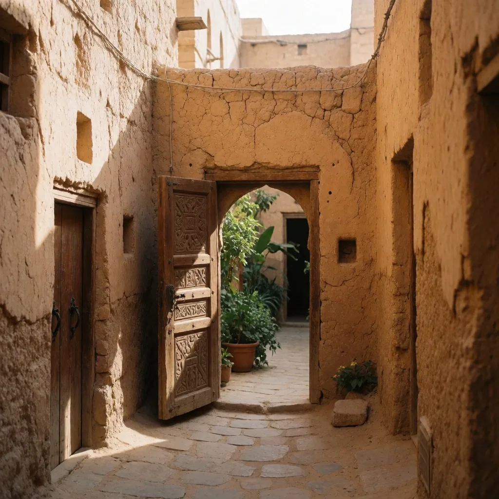 Narrow alley in the old town with crumbling mud-brick walls and soft morning light
