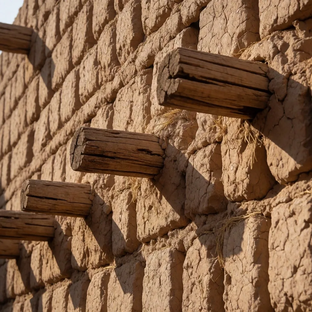 Old mud-brick fortress wall with palm timber beams and ventilation shafts