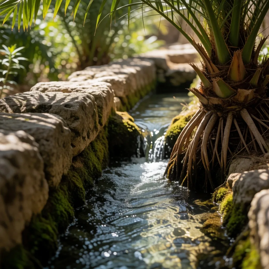 Stone water channel with flowing mineral water in the oasis