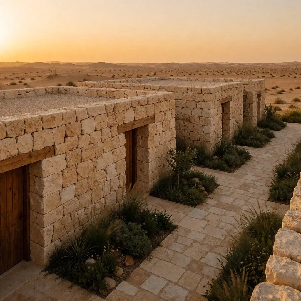 Sustainable mud-brick eco-lodge in the oasis at golden hour