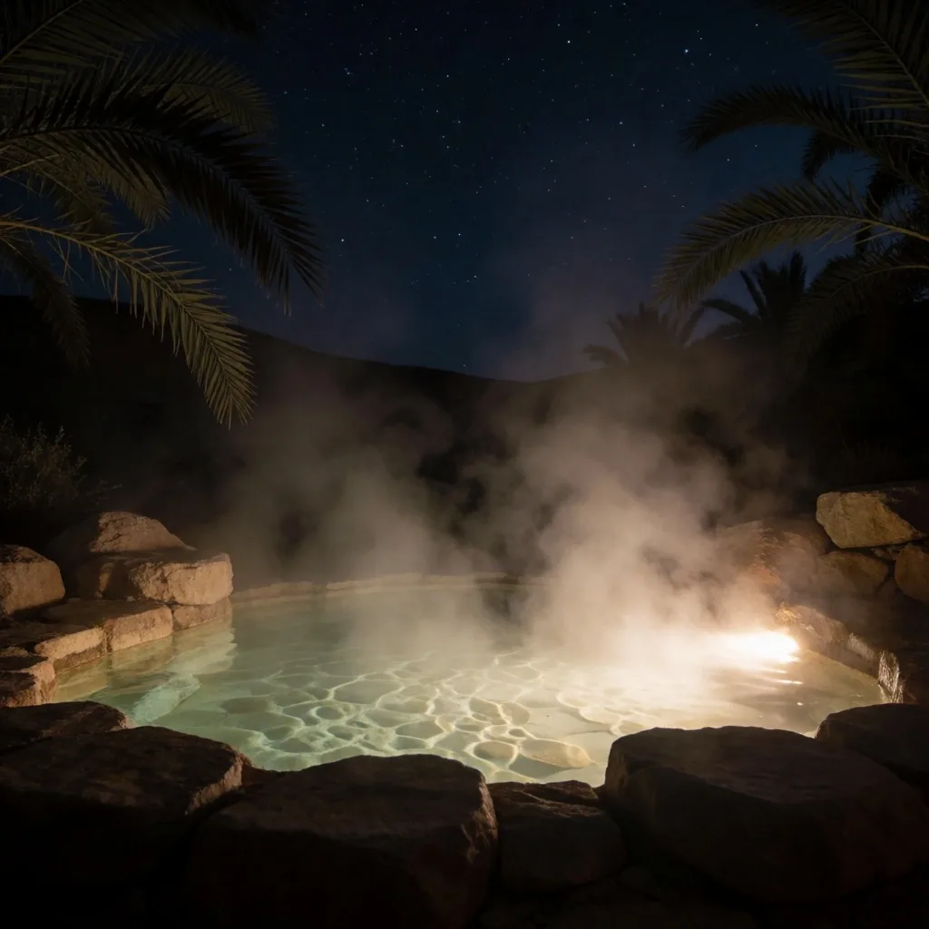 Thermal spring pool at night with rising steam and starlight