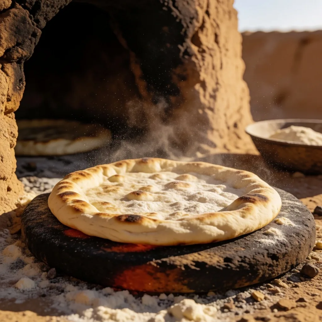 Traditional flatbread baking on hot stones in an oasis kitchen