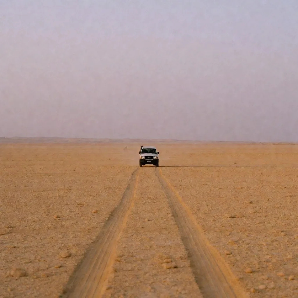 Vehicle crossing the Western Desert plateau toward the oasis