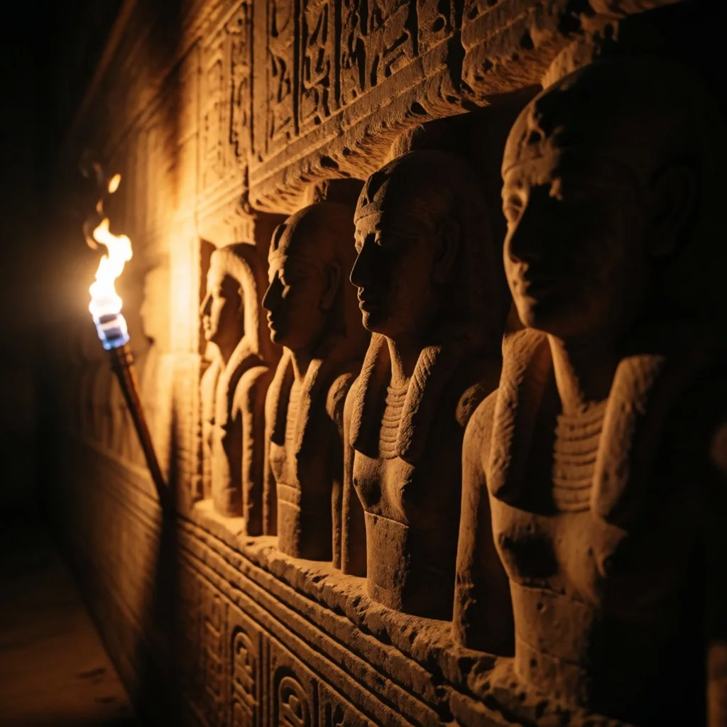 Torchlight raking across low-relief carvings in the Labyrinth