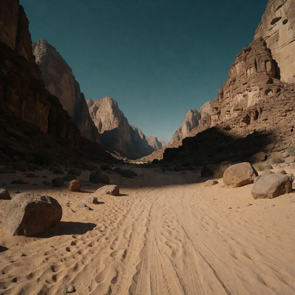 A wadi valley floor between the peaks of the Silent Highlands