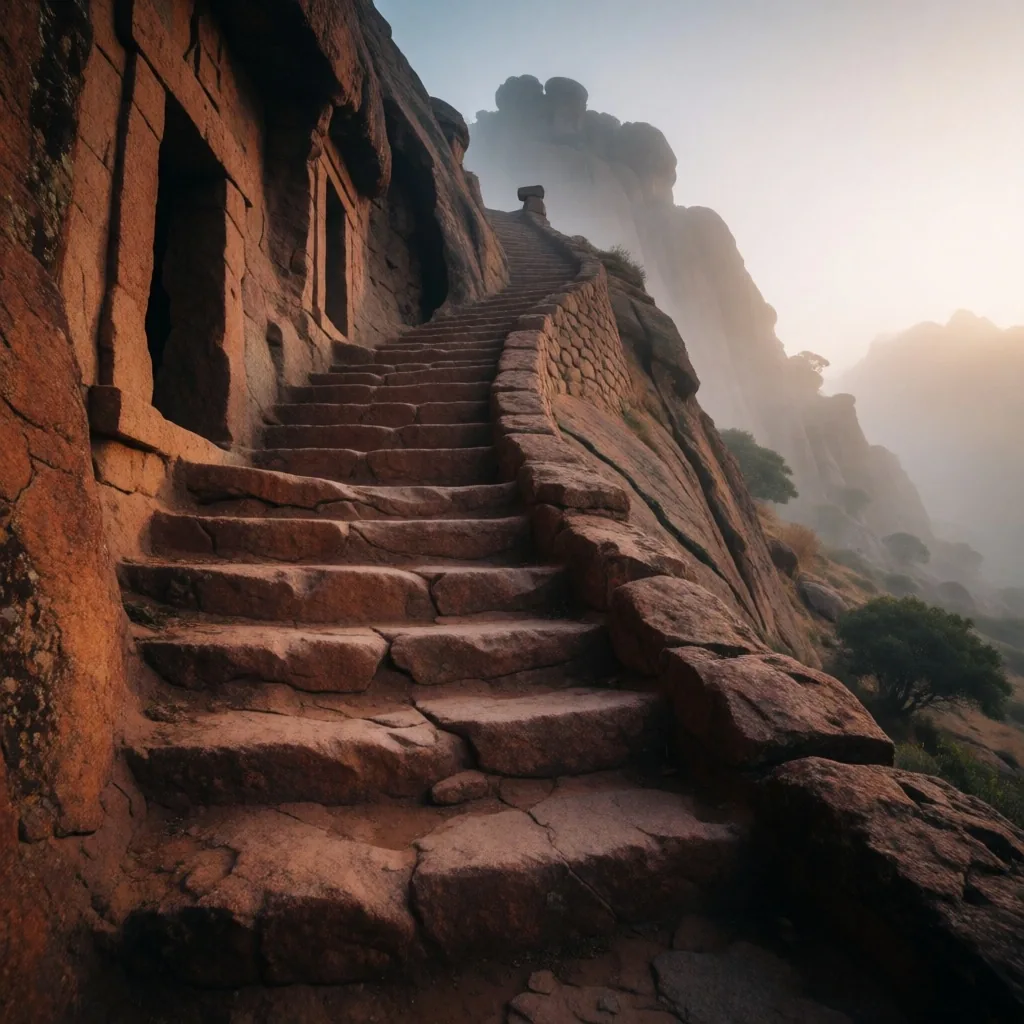 Ancient stone steps of the pilgrim trail ascending the Silent Peaks