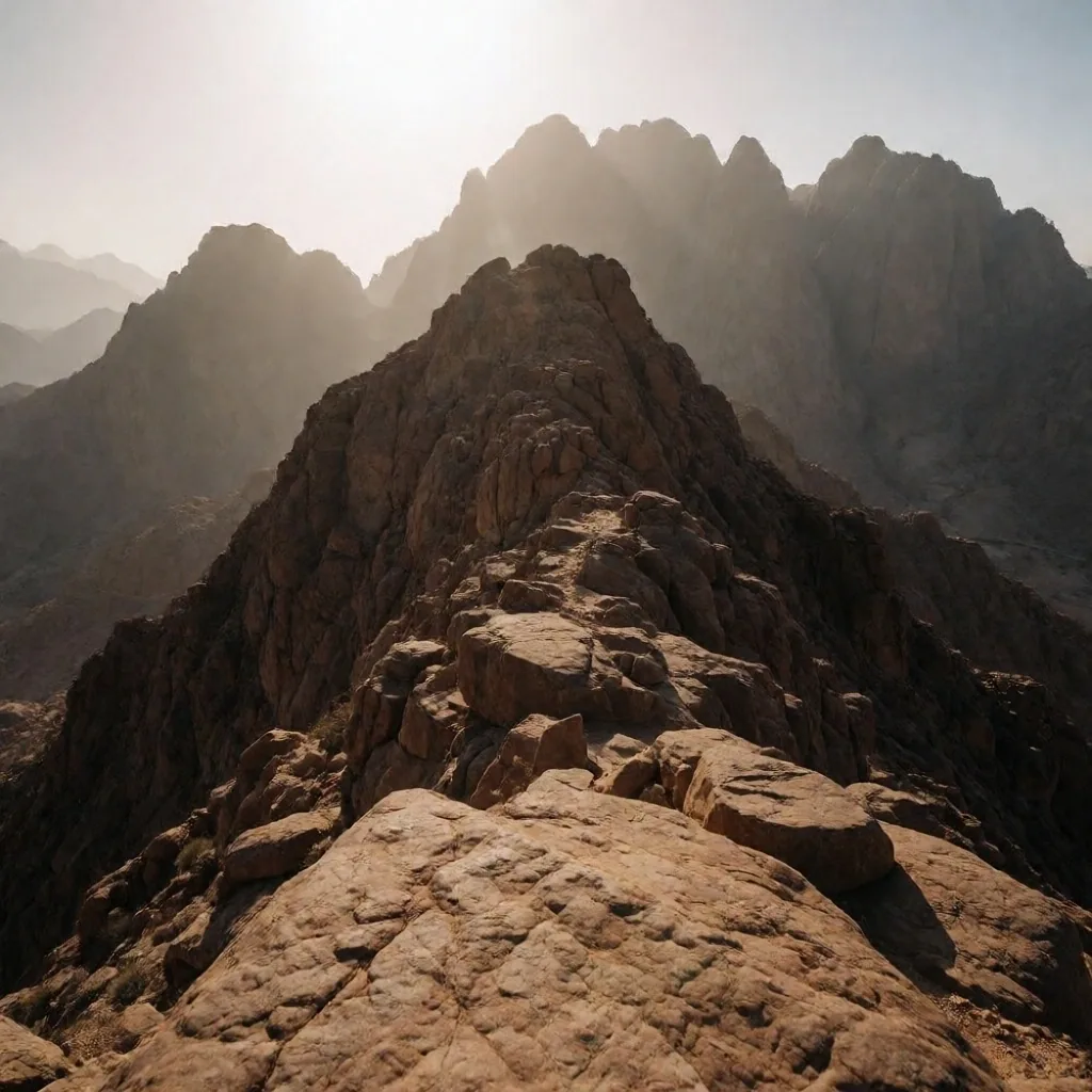Red granite peaks of the Silent Highlands at dawn
