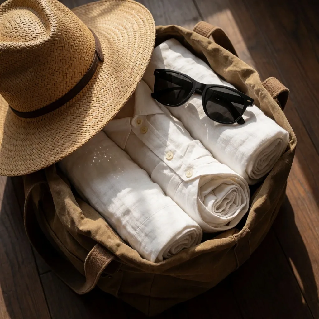 Packing list essentials on dark surface