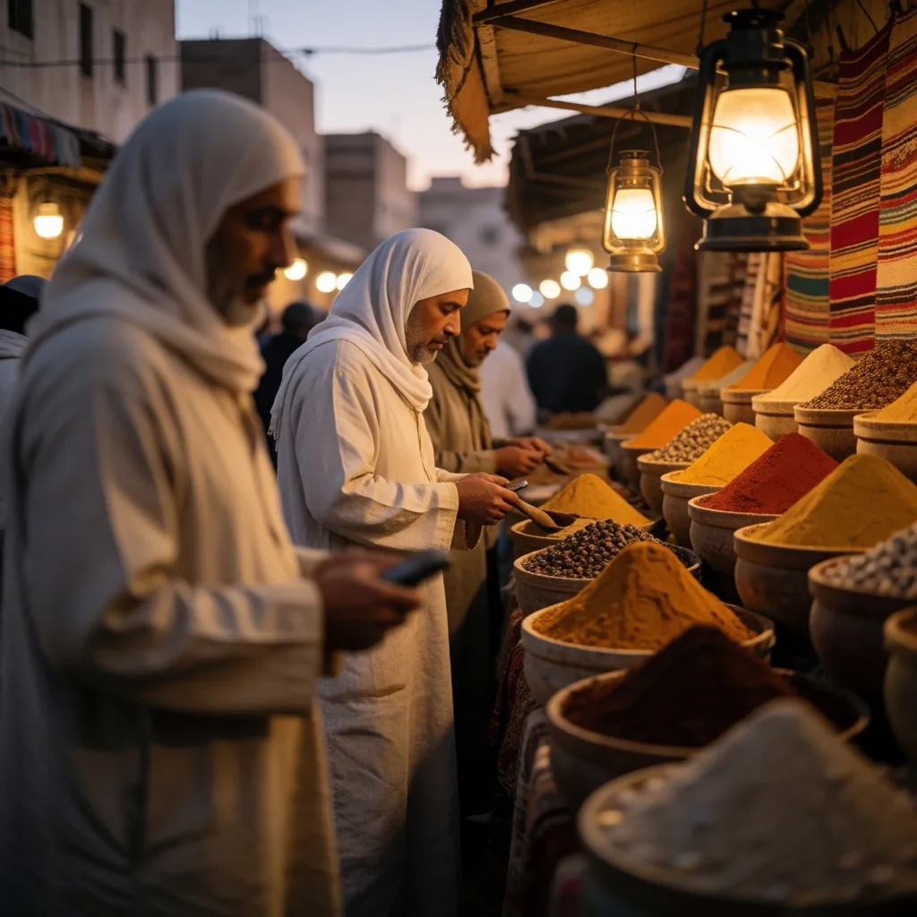 Street market scene at dusk