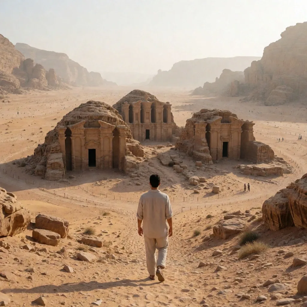 Traveler at desert dawn